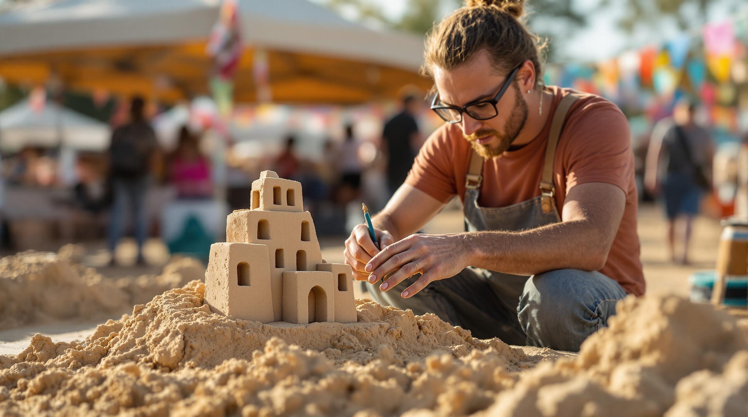 A man with glasses and a bun kneels in a sandy area, meticulously sculpting a sandcastle. He wears a brown shirt and overalls. The sandcastle is detailed, featuring multiple arches and turrets. In the background, colorful flags and tents suggest a festive, outdoor event with blurred figures milling around, adding to the lively atmosphere.