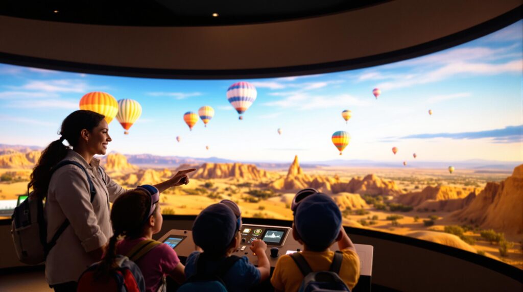 A group of people, likely a family or tour group, stands inside a modern exhibit space. They are looking at an immersive, panoramic display of a desert landscape dotted with colorful hot air balloons floating in a clear blue sky. The foreground shows three children, wearing backpacks and hats, engaged with interactive screens. An adult, also with a backpack, is smiling and pointing towards the balloons. The scene suggests education, exploration, and wonder, capturing an experience of virtual travel or learning about hot air balloons.