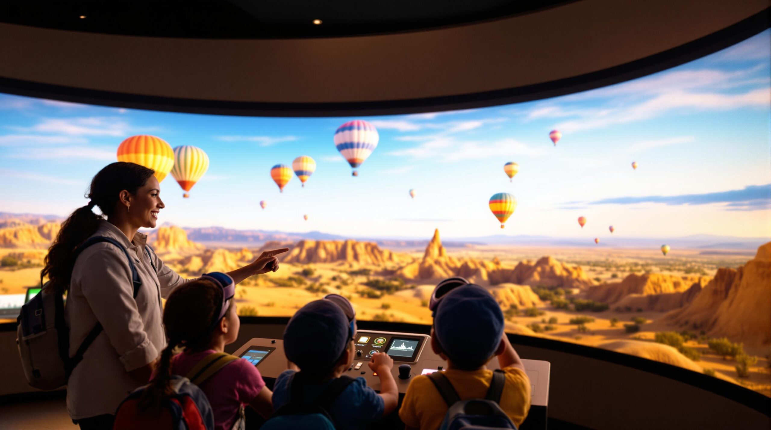 A group of people, likely a family or tour group, stands inside a modern exhibit space. They are looking at an immersive, panoramic display of a desert landscape dotted with colorful hot air balloons floating in a clear blue sky. The foreground shows three children, wearing backpacks and hats, engaged with interactive screens. An adult, also with a backpack, is smiling and pointing towards the balloons. The scene suggests education, exploration, and wonder, capturing an experience of virtual travel or learning about hot air balloons.