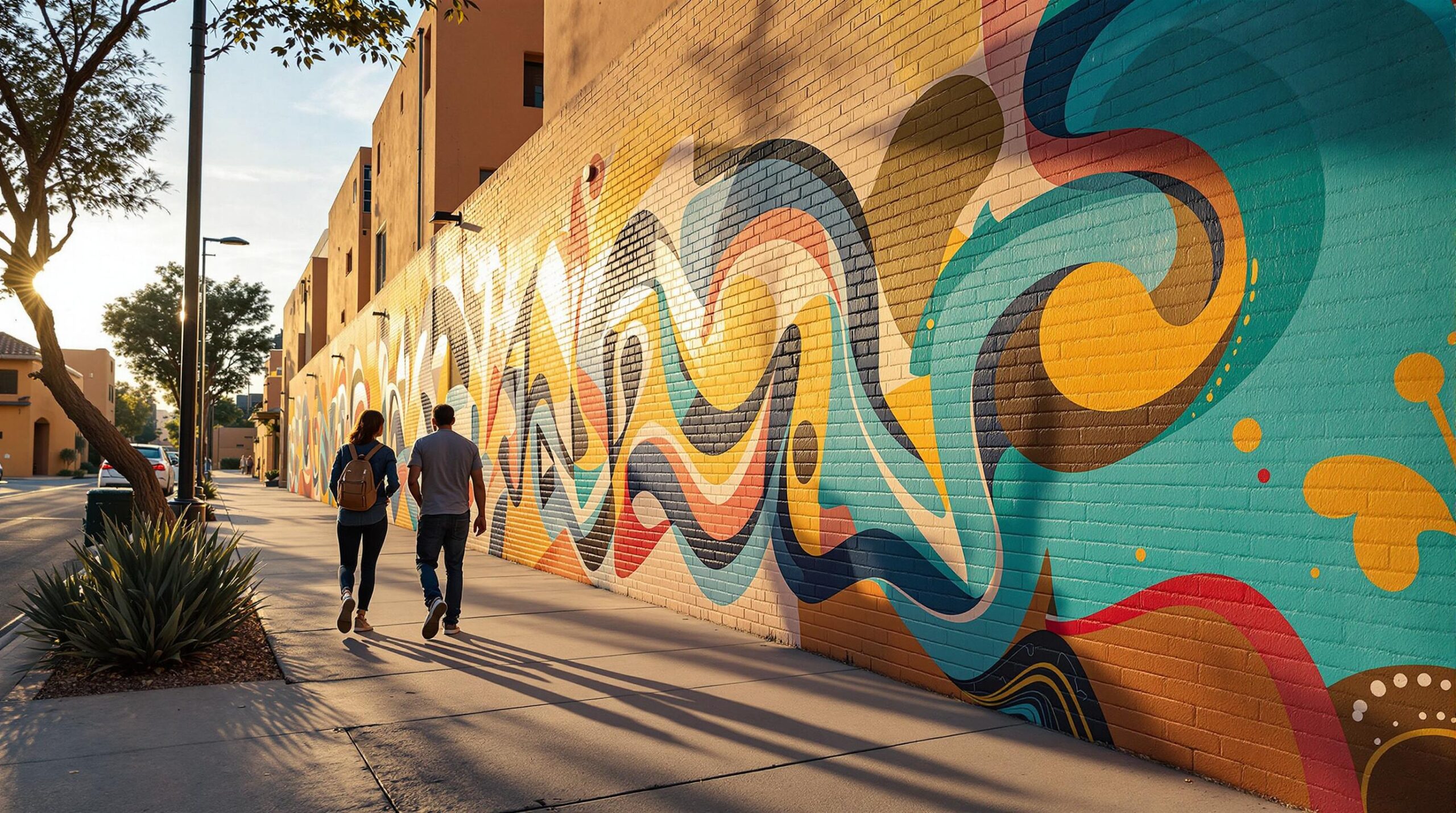 A couple walks along a city sidewalk beside a vibrant mural on a long brick wall. The mural features dynamic, colorful abstract patterns with swirls of yellow, blue, orange, and red. The sun casts long shadows from nearby trees and lighting poles, creating a warm, inviting atmosphere. Modern buildings with a stucco finish line the street, and the sky is clear with soft sunlight.