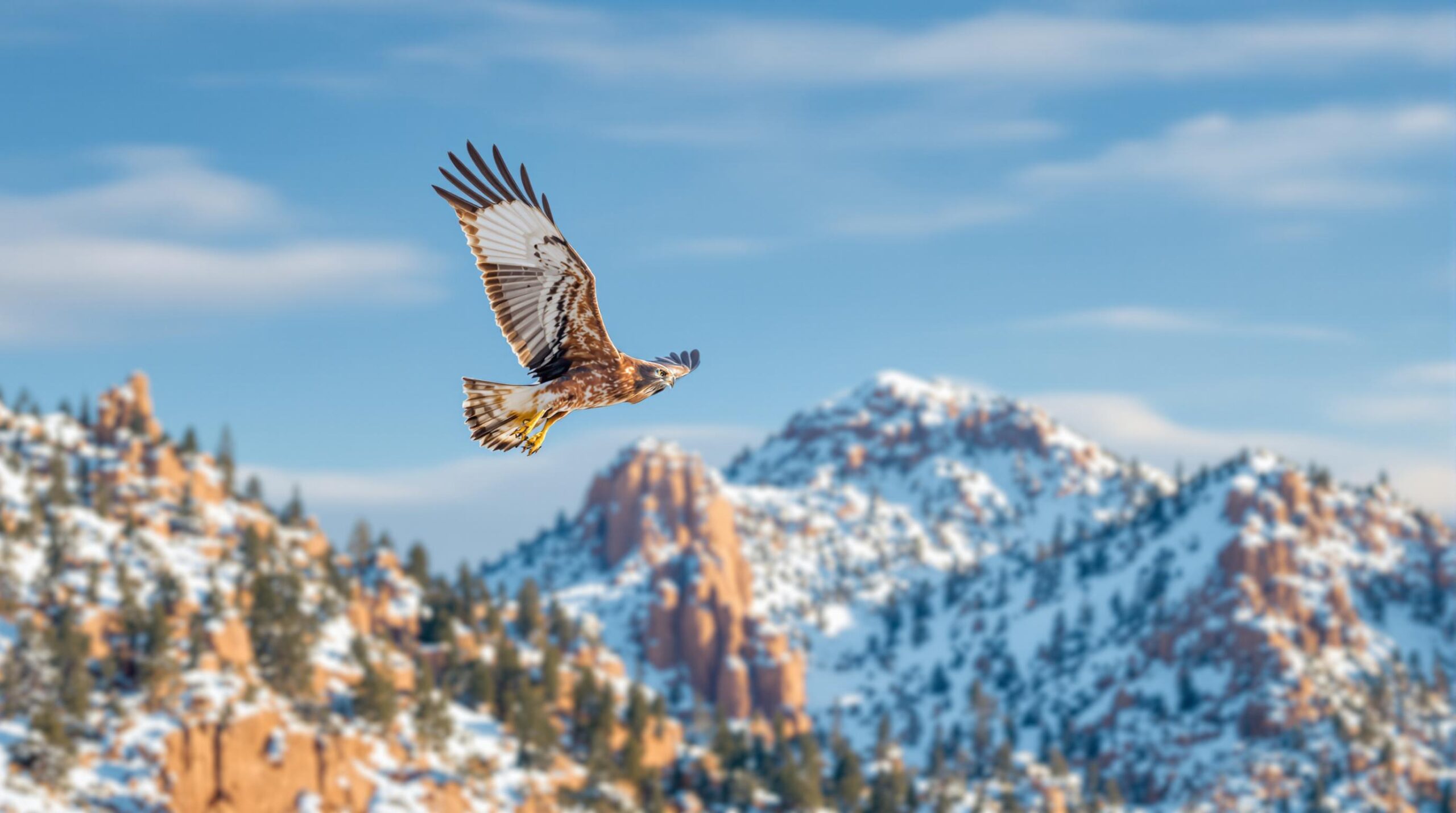 A majestic bird of prey is soaring through a clear blue sky with its wings fully outstretched. Below, a stunning mountainous landscape dusted with snow is visible, featuring rugged peaks and scattered evergreen trees. The background is slightly blurred, emphasizing the bird in flight against the serene, natural scenery.