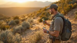 A man dressed in outdoor gear stands on a sunlit hillside, holding a handheld GPS device and a compass. He has a backpack and a cap, indicating he is on a hiking or exploration excursion. The setting sun casts a warm glow over the landscape, with hills and sparse vegetation in the background. The scene conveys a sense of adventure and navigation.