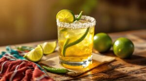 A close-up of a green chile-infused tequila cocktail with a salted rim, lime wheel, and roasted green chile garnish on a wooden bar, surrounded by lime wedges, fresh green chiles, and a Southwestern napkin, with soft sunlight and a blurred neutral background.