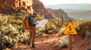 Two hikers in outdoor gear study a topographic map on a sandy canyon trail in New Mexico, surrounded by red rock, cacti, and a rattlesnake warning marker in warm sunlight.
