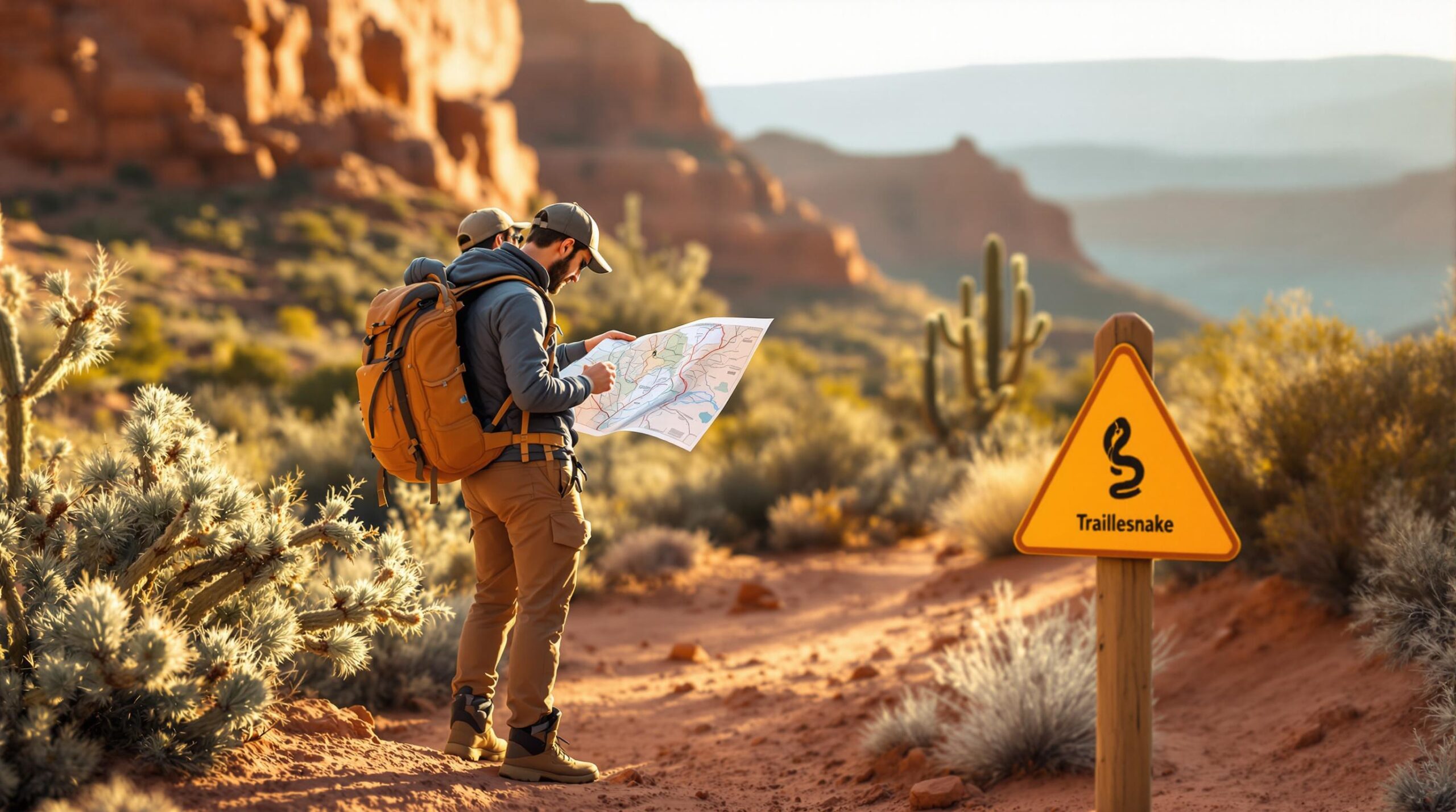 Two hikers in outdoor gear study a topographic map on a sandy canyon trail in New Mexico, surrounded by red rock, cacti, and a rattlesnake warning marker in warm sunlight.