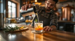 A bartender is pouring a cocktail from a stainless steel shaker into a glass filled with ice. The glass is garnished with a sprig of rosemary and an orange twist, placed on a woven coaster on a wooden bar counter. In the background, there is a blurred view of a warmly lit bar with exposed pipes and ambient lighting. A cutting board with fresh rosemary and a citrus slice rests nearby, adding to the rustic atmosphere.