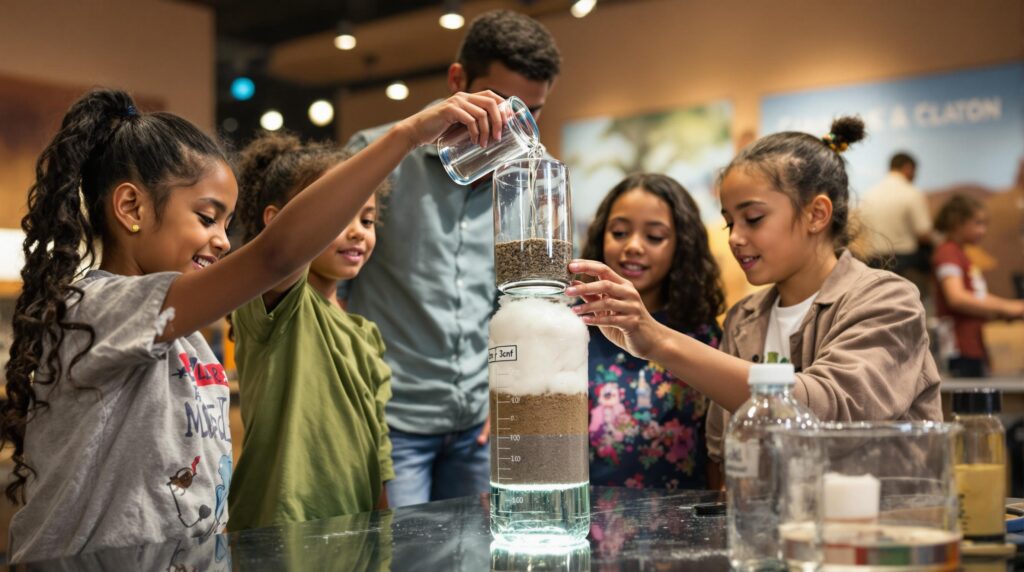 A group of children is gathered around a science experiment, engaging in a hands-on activity. They are pouring water and other materials into a tall, transparent cylinder containing different layers of sand, soil, and small rocks. The children are smiling and excited, indicating they are enjoying the experiment. The setting appears to be educational, perhaps at a science center or museum, with a blurred background showing more people and displays. The experiment explores concepts related to filtration or sediment layers, fostering curiosity and learning.