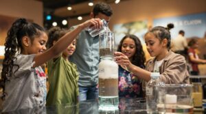 A group of children is gathered around a science experiment, engaging in a hands-on activity. They are pouring water and other materials into a tall, transparent cylinder containing different layers of sand, soil, and small rocks. The children are smiling and excited, indicating they are enjoying the experiment. The setting appears to be educational, perhaps at a science center or museum, with a blurred background showing more people and displays. The experiment explores concepts related to filtration or sediment layers, fostering curiosity and learning.