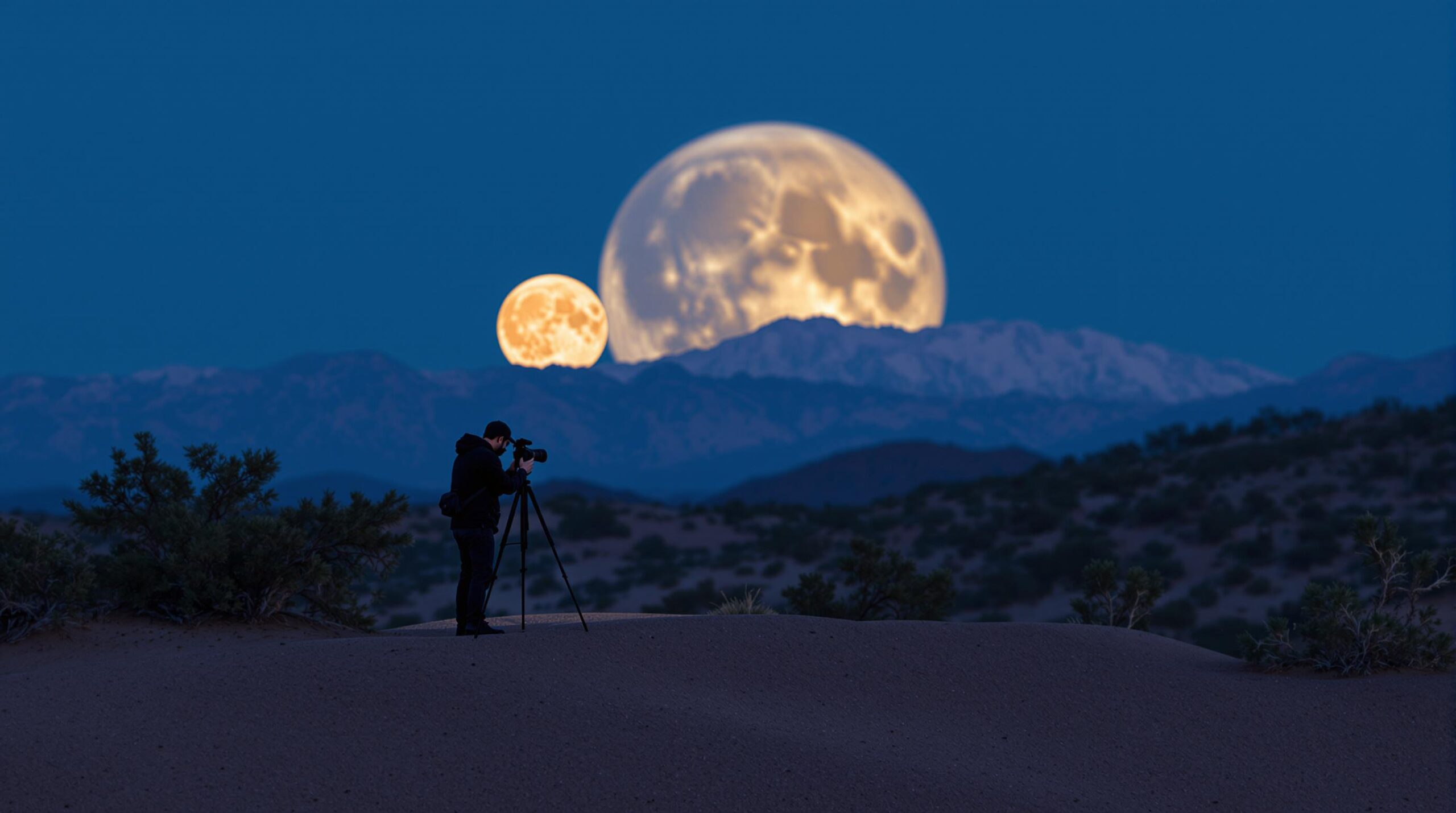 A photographer is silhouetted against a stunning nighttime landscape, capturing the scene with a camera on a tripod. In the background, a large, luminous full moon dominates the sky, casting a soft glow over distant mountains and desert vegetation. The sky is a deep blue, accentuating the moon's brilliance and creating a serene, captivating atmosphere.