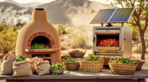 A rustic outdoor scene features a traditional clay oven on the left and a modern solar-powered oven on the right. Both ovens are filled with an array of colorful peppers. In front of the clay oven, there are burlap sacks filled with red and green peppers, while several wicker baskets filled with peppers are spread across a wooden table. The background displays an arid landscape with mountains, trees, and a hazy sky, suggesting a warm climate.