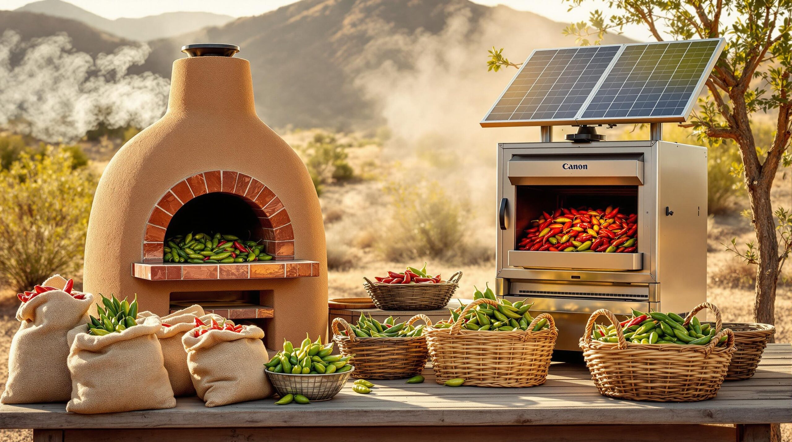 A rustic outdoor scene features a traditional clay oven on the left and a modern solar-powered oven on the right. Both ovens are filled with an array of colorful peppers. In front of the clay oven, there are burlap sacks filled with red and green peppers, while several wicker baskets filled with peppers are spread across a wooden table. The background displays an arid landscape with mountains, trees, and a hazy sky, suggesting a warm climate.