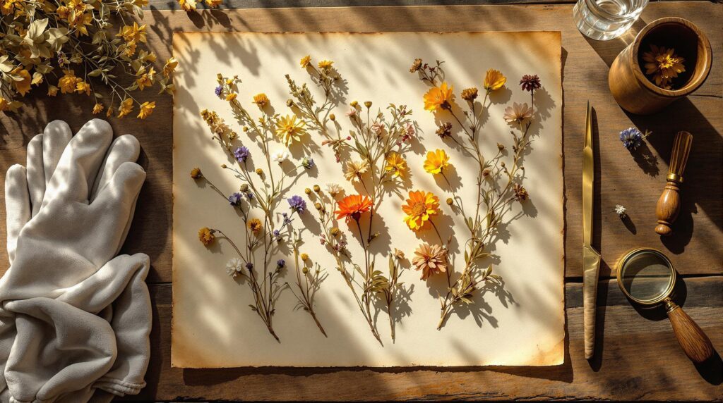 A collection of dried wildflowers is meticulously arranged on a piece of aged parchment paper, with diverse colors including yellow, orange, and purple. The setup rests on a rustic wooden table, bathed in warm sunlight creating soft shadows. To the left, a pair of white gardening gloves lies atop the table, while on the right, a small glass of water, a wooden cup with a flower, a gold letter opener, a magnifying glass, and a wooden-handled seal stamp add to the scene, evoking a vintage and botanical theme.