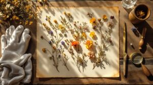 A collection of dried wildflowers is meticulously arranged on a piece of aged parchment paper, with diverse colors including yellow, orange, and purple. The setup rests on a rustic wooden table, bathed in warm sunlight creating soft shadows. To the left, a pair of white gardening gloves lies atop the table, while on the right, a small glass of water, a wooden cup with a flower, a gold letter opener, a magnifying glass, and a wooden-handled seal stamp add to the scene, evoking a vintage and botanical theme.