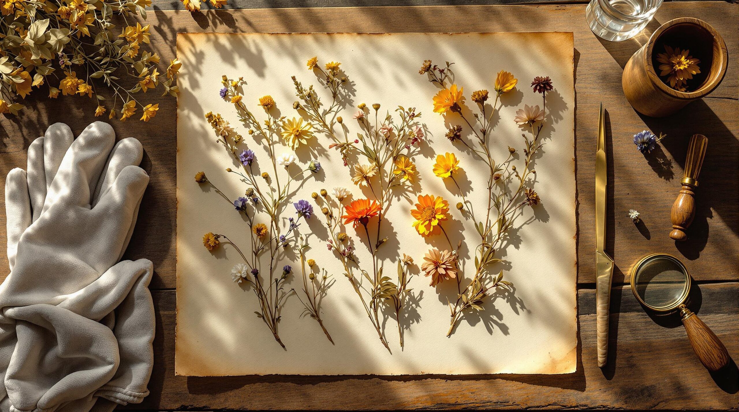 A collection of dried wildflowers is meticulously arranged on a piece of aged parchment paper, with diverse colors including yellow, orange, and purple. The setup rests on a rustic wooden table, bathed in warm sunlight creating soft shadows. To the left, a pair of white gardening gloves lies atop the table, while on the right, a small glass of water, a wooden cup with a flower, a gold letter opener, a magnifying glass, and a wooden-handled seal stamp add to the scene, evoking a vintage and botanical theme.