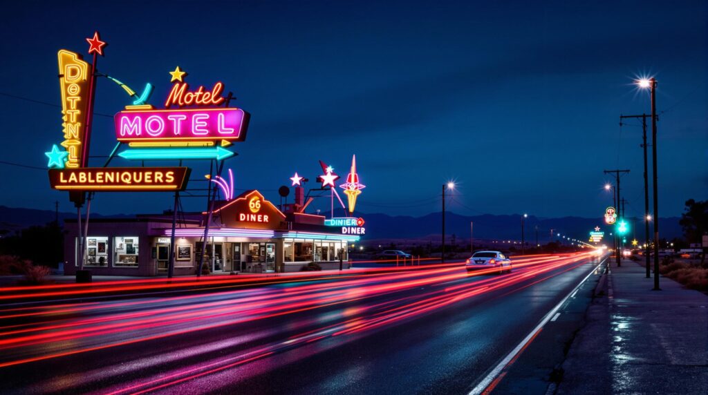Night view of Route 66 with neon lights reflecting on wet pavement, classic 1950s car driving by, abstract motel and diner signs, and distant desert hills under a clear sky