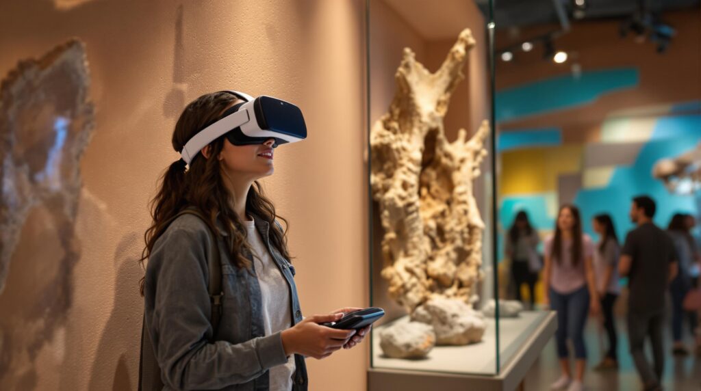 A woman wearing a virtual reality headset is in a museum setting. She holds a controller and appears to be immersed in a virtual experience. The exhibit features a large natural rock formation displayed in a glass case nearby. The background shows a softly focused group of people and abstract blue and yellow wall designs, enhancing the modern, interactive museum atmosphere.
