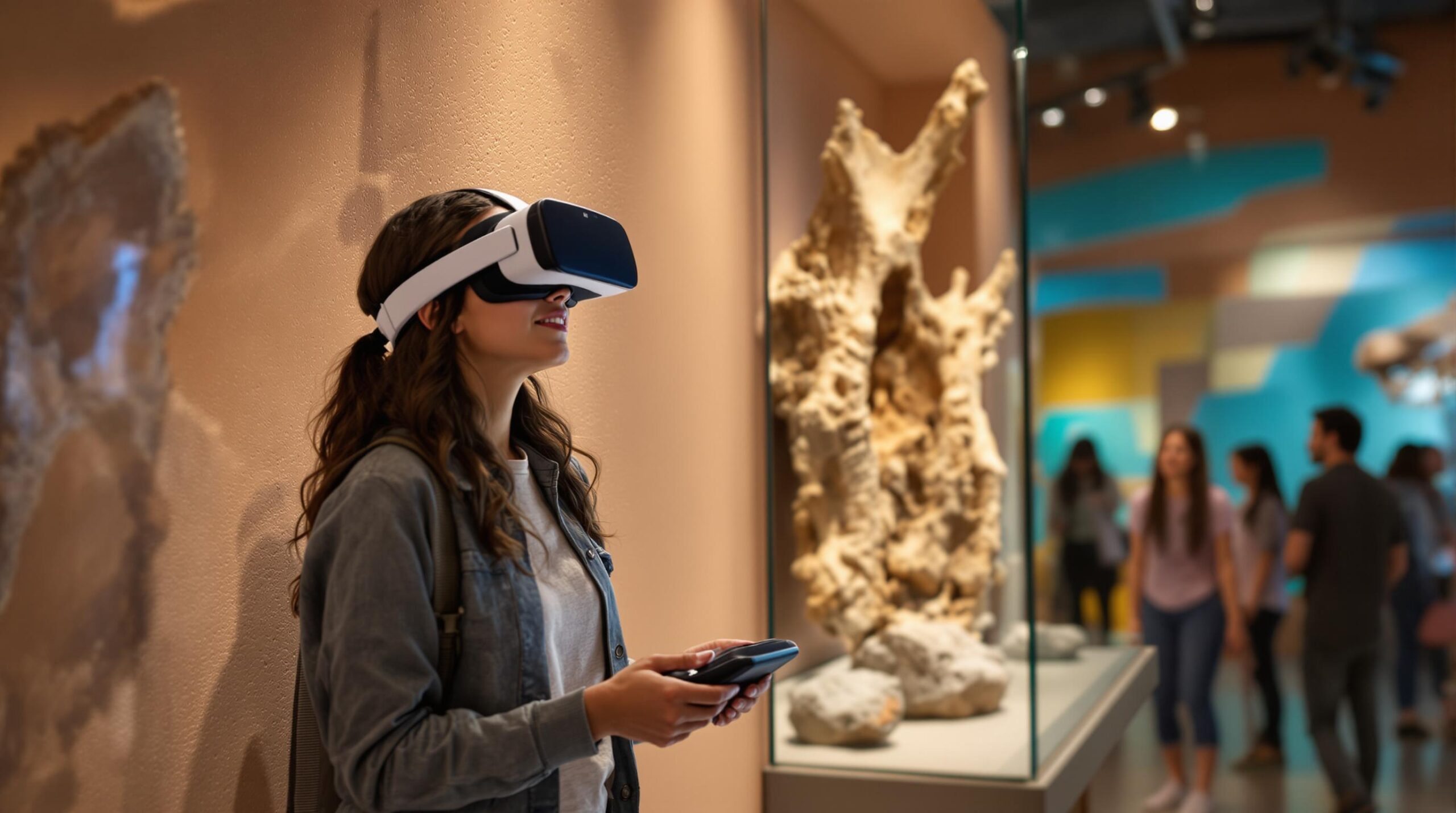 A woman wearing a virtual reality headset is in a museum setting. She holds a controller and appears to be immersed in a virtual experience. The exhibit features a large natural rock formation displayed in a glass case nearby. The background shows a softly focused group of people and abstract blue and yellow wall designs, enhancing the modern, interactive museum atmosphere.