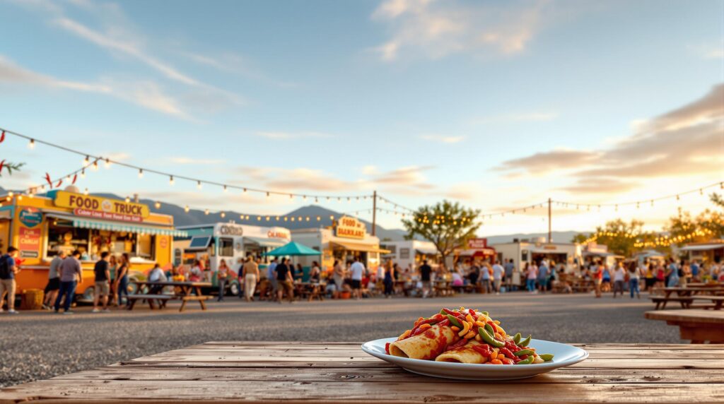 A vibrant food truck festival scene at sunset with a wooden table in the foreground showcasing a plate of colorful food. The background features several food trucks with bright signage, surrounded by groups of people enjoying the event. Festive string lights are strung above, and the sky is tinged with soft orange and blue hues, suggesting a lively and inviting atmosphere.