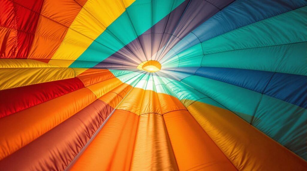 Macro view of colorful hot air balloon fabric panels with reinforced stitching, sunlight glowing through vibrant reds, yellows, and blues, abstract and textured.