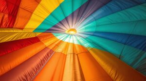 Macro view of colorful hot air balloon fabric panels with reinforced stitching, sunlight glowing through vibrant reds, yellows, and blues, abstract and textured.