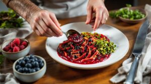 A person is artfully arranging a dish on a white plate, adding a spoonful of vibrant red sauce to a bed of sliced vegetables, including red bell peppers and diced green zucchini. The dish is garnished with dark berries, possibly blueberries, and surrounded by additional ingredients in small bowls nearby: fresh raspberries and blueberries. The scene is set on a wooden table, with fresh herbs in the background, and a knife placed on a beige cloth to the right. The composition suggests a focus on colorful, fresh ingredients in a gourmet presentation.