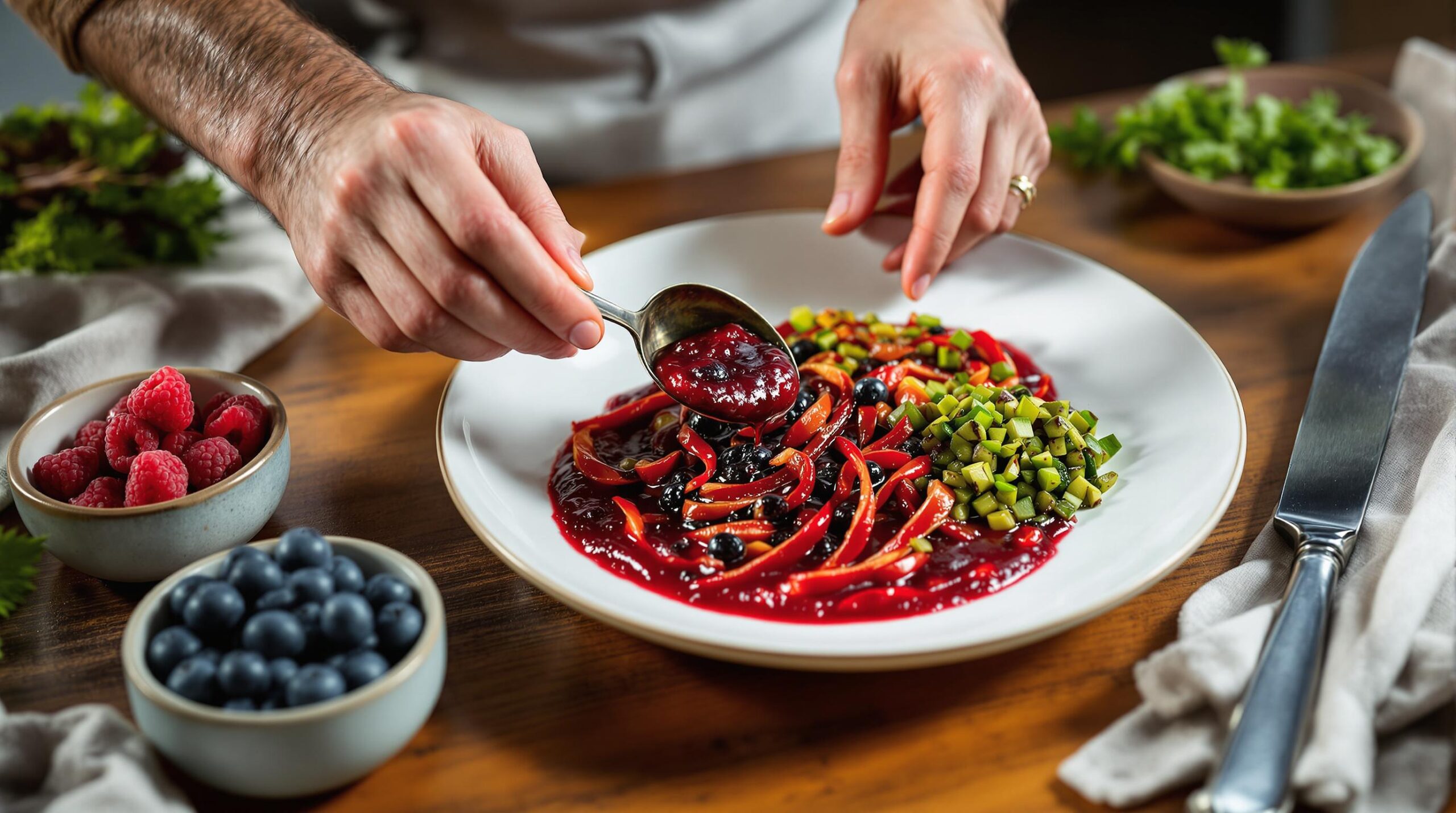 A person is artfully arranging a dish on a white plate, adding a spoonful of vibrant red sauce to a bed of sliced vegetables, including red bell peppers and diced green zucchini. The dish is garnished with dark berries, possibly blueberries, and surrounded by additional ingredients in small bowls nearby: fresh raspberries and blueberries. The scene is set on a wooden table, with fresh herbs in the background, and a knife placed on a beige cloth to the right. The composition suggests a focus on colorful, fresh ingredients in a gourmet presentation.