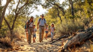 A family of six, including two adults and four children, walks along a sunlit forest trail. The adults are dressed in light hiking attire. The children hold small flashlights, suggesting an exploratory adventure. Tall trees with green foliage frame the sandy path, and the sunlight filtering through creates a warm, inviting atmosphere. The scene conveys a sense of togetherness and outdoor enjoyment.