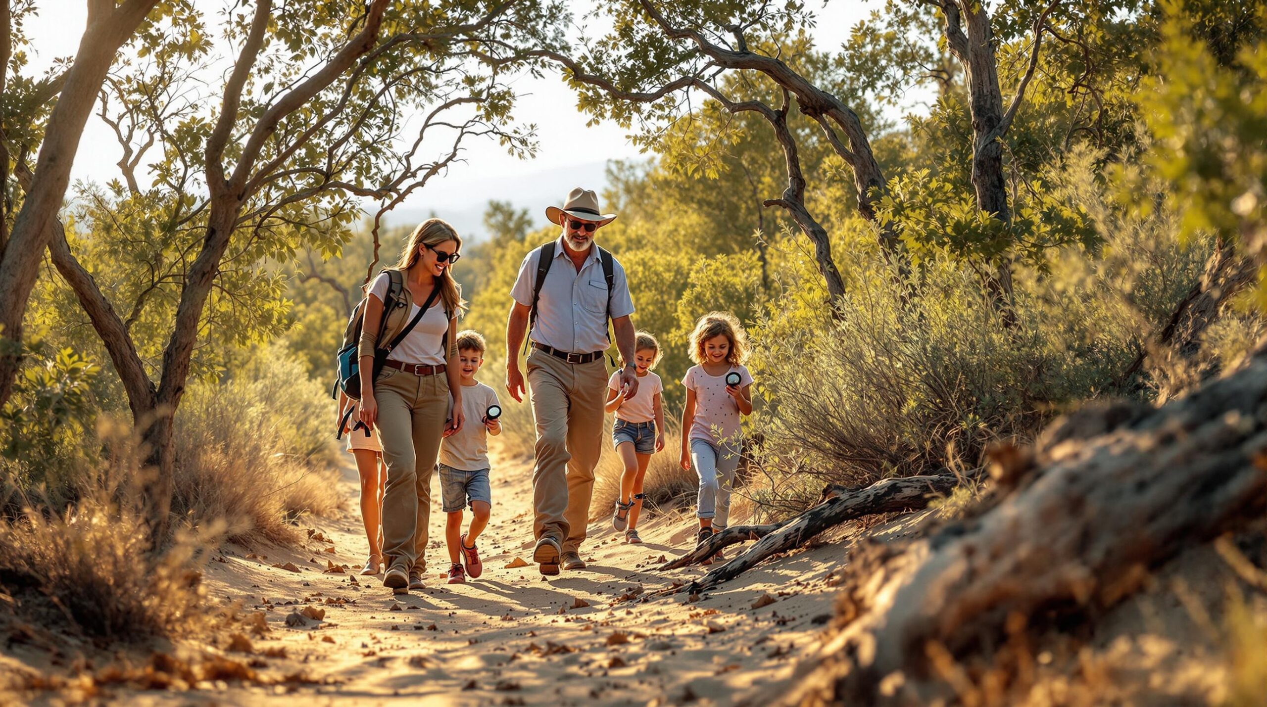 A family of six, including two adults and four children, walks along a sunlit forest trail. The adults are dressed in light hiking attire. The children hold small flashlights, suggesting an exploratory adventure. Tall trees with green foliage frame the sandy path, and the sunlight filtering through creates a warm, inviting atmosphere. The scene conveys a sense of togetherness and outdoor enjoyment.