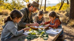 A man and three young children are gathered around a wooden table outdoors, engaged in a nature-based art activity. The man, wearing a hat and casual attire, is assisting the children in arranging green leaves on white sheets of paper. The children, dressed in casual clothing, appear focused and engaged. The background features a sunlit autumn landscape with trees and golden foliage, creating a warm and serene atmosphere.