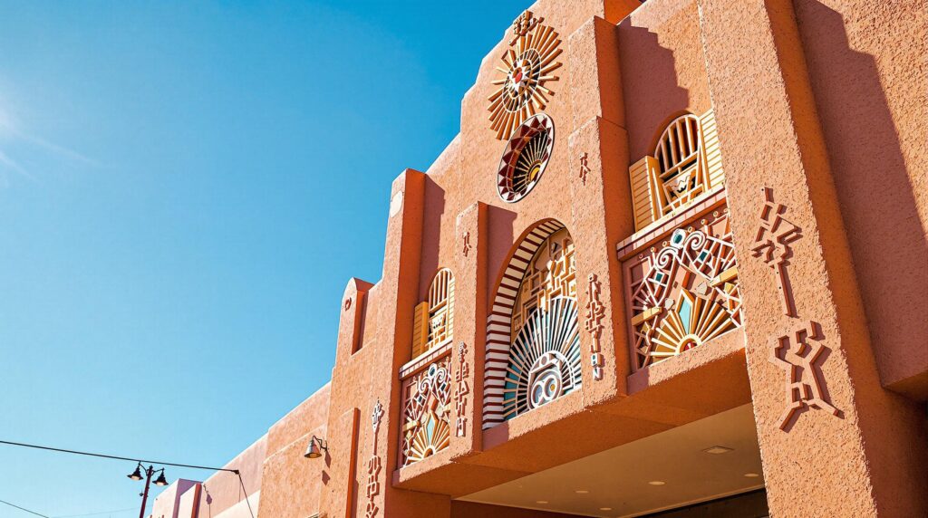 A vibrant, uniquely designed building with a stucco facade in a warm terracotta color is shown against a clear blue sky. The architecture features an intricate, geometric pattern and sunburst motifs above arched windows. Stylish decorative elements include stripes and shapes that add a dynamic flair. To the left, two classic street lamps are silhouetted against the sky, adding an additional element of interest to the scene.