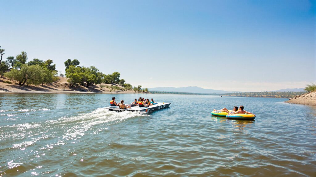 A recreational scene on a wide water body under a clear blue sky. In the foreground, a group of people wearing life jackets are enjoying a ride on a speedboat that is moving at a moderate speed, creating white water trails behind it. To the right, two individuals relax in a colorful inflatable raft, floating on the gentle waves. The background features a sandy shoreline with lush green trees and hills stretching into the distance, enhancing the serene and sunny atmosphere of a perfect day outdoors.