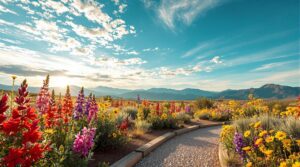 A vibrant garden scene with a path winding through colorful flowers under a clear blue sky. Tall red and pink blossoms stand prominently to the left, interspersed with vibrant yellow and purple flowers. The sunlight casts a warm glow across the landscape, illuminating distant mountains beneath a sky dotted with wispy clouds.