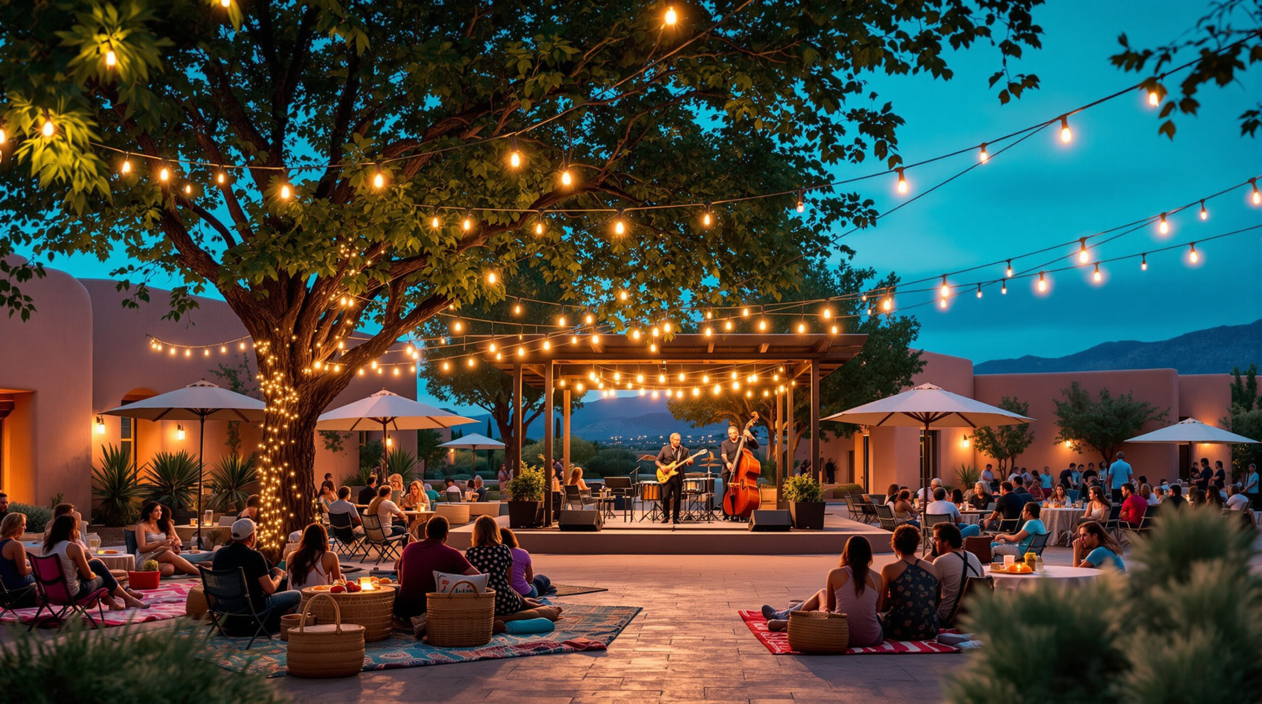 A lively outdoor music event at dusk with a trio of musicians performing under a pergola adorned with string lights. The foreground features attendees sitting on colorful blankets with picnic baskets. Warm lighting illuminates the gathering, creating a cozy ambiance. Nearby, small groups are seated at tables beneath white umbrellas, with dimly lit adobe buildings and mountains visible in the distance.