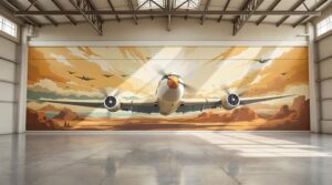 The image features a large mural inside an industrial-style hangar, depicting a dynamic scene of an airplane flying directly toward the viewer. The aircraft is centrally positioned, with its propellers in motion and wings extending towards the sides. The background showcases a vivid landscape with rocky formations and an expansive sky painted in warm tones of orange, yellow, and beige. Several smaller planes are seen flying in formation across the sky. The hangar's architecture includes a high ceiling with exposed beams and natural light streaming in from high windows, casting reflections on the polished concrete floor.