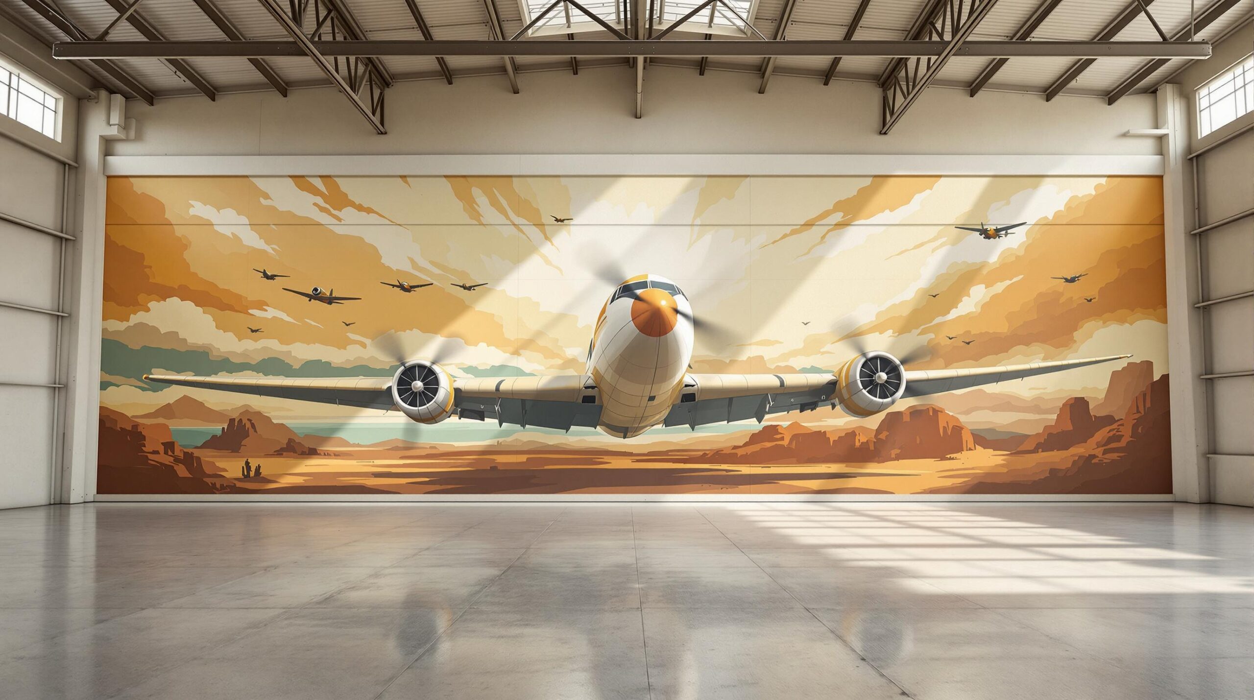 The image features a large mural inside an industrial-style hangar, depicting a dynamic scene of an airplane flying directly toward the viewer. The aircraft is centrally positioned, with its propellers in motion and wings extending towards the sides. The background showcases a vivid landscape with rocky formations and an expansive sky painted in warm tones of orange, yellow, and beige. Several smaller planes are seen flying in formation across the sky. The hangar's architecture includes a high ceiling with exposed beams and natural light streaming in from high windows, casting reflections on the polished concrete floor.