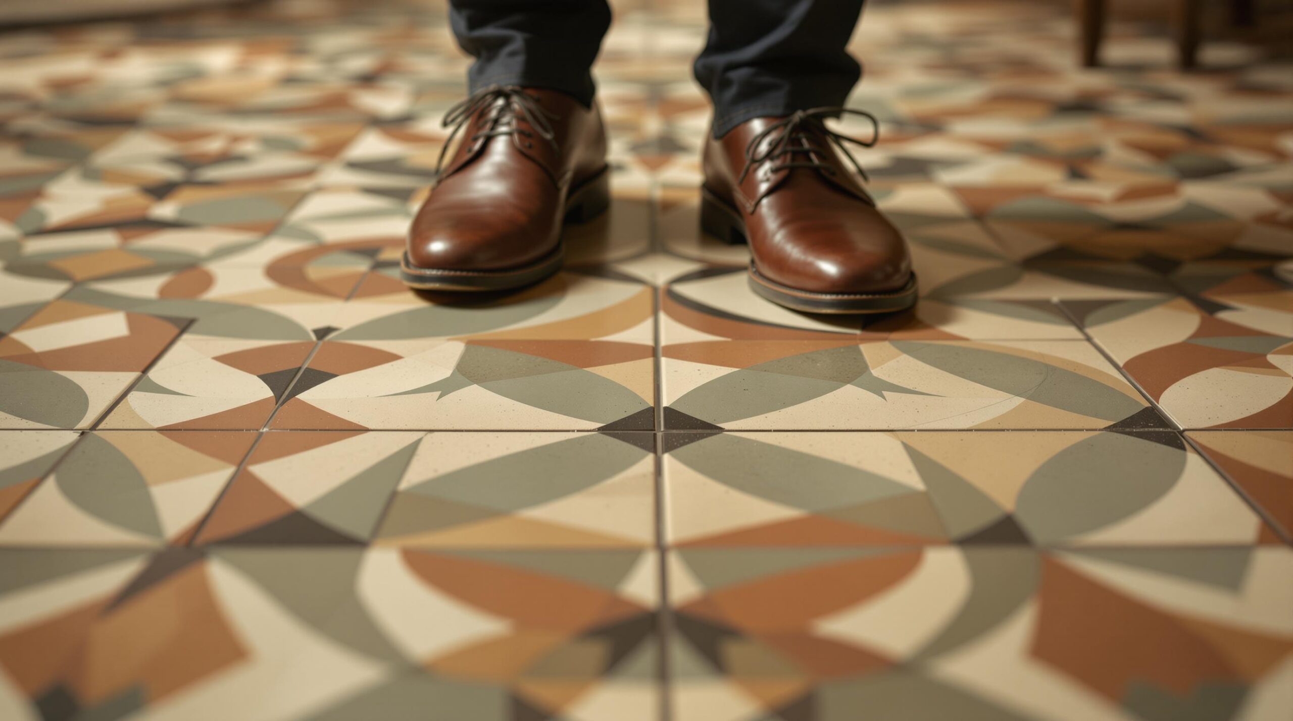 Brown leather shoes stand on a colorful tiled floor with a geometric pattern. The tiles feature a mix of beige, green, brown, and cream colors, creating an intricate starburst and circular design. The person is wearing dark pants, emphasizing the detailed pattern and rich hues of the floor. The image captures a sense of style and attention to detail.