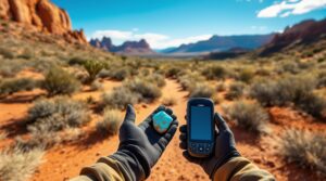 A person wearing gloves holds a blue and orange rock in their left hand and a handheld GPS device in their right hand. The background features a vast desert landscape with red sandy soil, scattered shrubs, and towering red rock formations under a clear blue sky. The scene conveys a sense of adventure and exploration in a remote, rugged terrain.