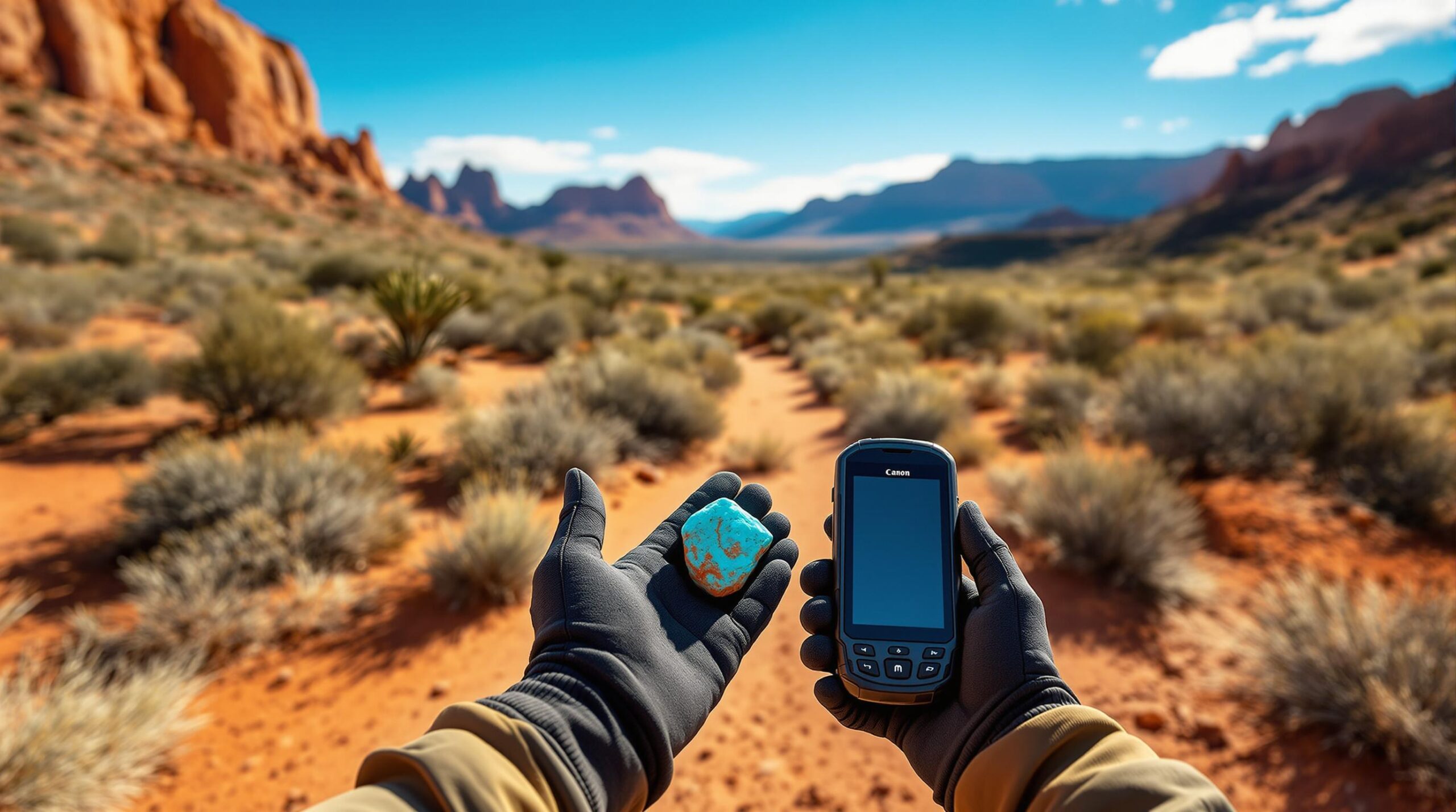 A person wearing gloves holds a blue and orange rock in their left hand and a handheld GPS device in their right hand. The background features a vast desert landscape with red sandy soil, scattered shrubs, and towering red rock formations under a clear blue sky. The scene conveys a sense of adventure and exploration in a remote, rugged terrain.