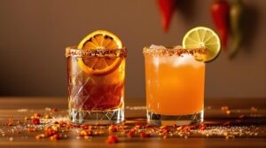 Two cocktails in glasses with intricate patterns sit on a wooden surface. The glass on the left contains a dark orange drink garnished with an orange slice, and has a spice-rimmed edge. The right glass holds a lighter orange beverage with a slice of lime as garnish, also featuring a spice-rimmed edge. The table is sprinkled with chili flakes and salt, while blurred colorful peppers are visible in the background.