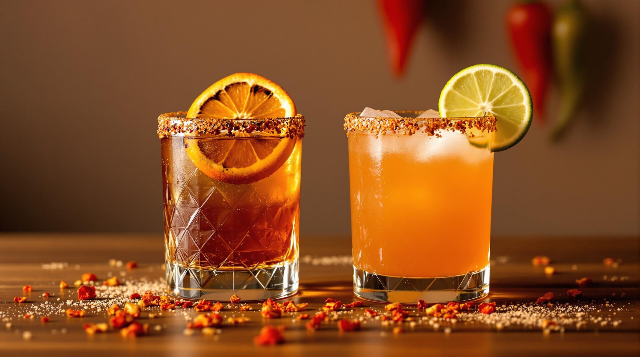 Two cocktails in glasses with intricate patterns sit on a wooden surface. The glass on the left contains a dark orange drink garnished with an orange slice, and has a spice-rimmed edge. The right glass holds a lighter orange beverage with a slice of lime as garnish, also featuring a spice-rimmed edge. The table is sprinkled with chili flakes and salt, while blurred colorful peppers are visible in the background.