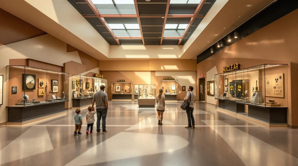 A bright museum hallway with a modern design, featuring exhibits related to nuclear science. Display cases line the walls, showcasing various artifacts and informational panels. The ceiling has a grid of skylights allowing natural light to illuminate the space. Five people are observing the displays: a family with two small children on the left and two adults on the right. The atmosphere is educational and inviting.
