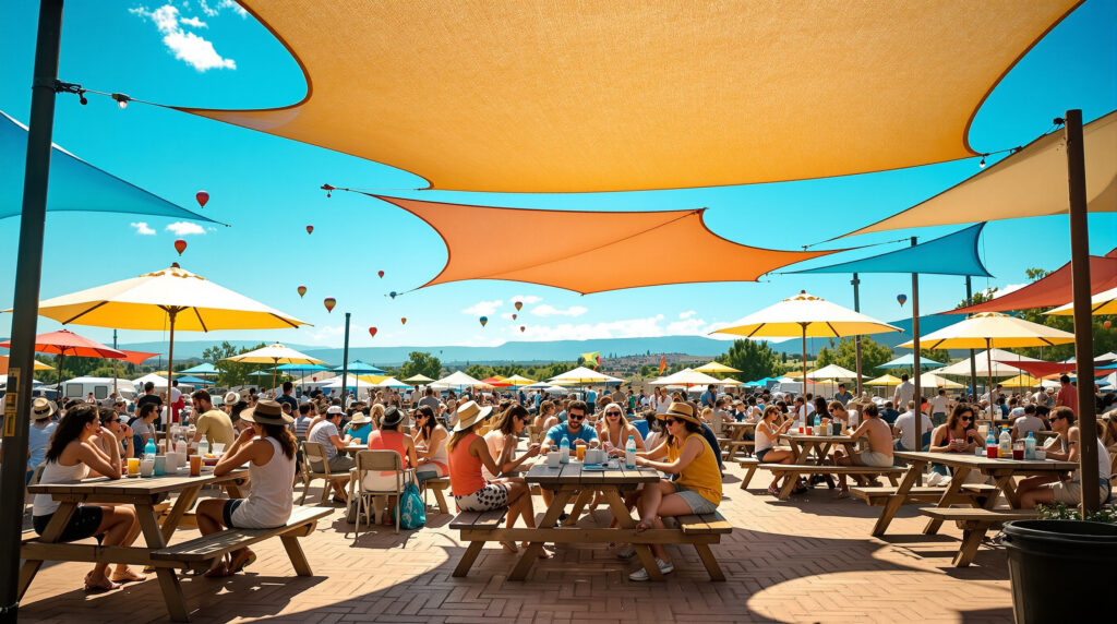 A lively outdoor gathering under a clear blue sky, featuring a bustling scene with people sitting at picnic tables. The area is shaded by colorful triangular and umbrella sunshades in hues of orange, yellow, blue, and red. Attendees are enjoying food and beverages, dressed in casual summer attire. Numerous hot air balloons float in the background above a scenic landscape, creating a festive atmosphere. The ground is paved with bricks, adding to the relaxed, inviting ambiance.