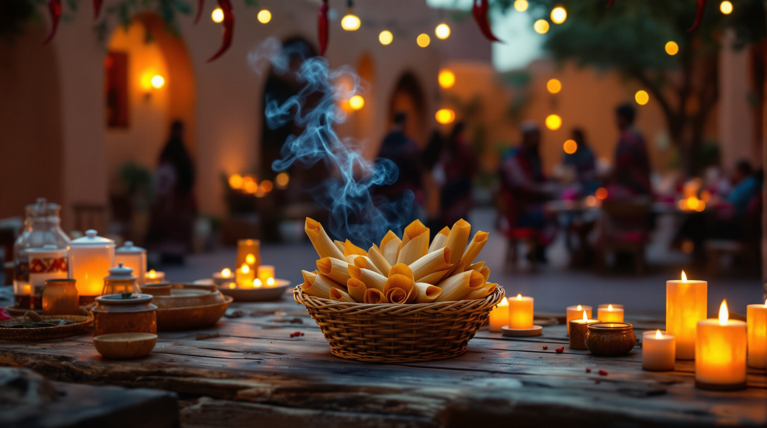 A cozy evening scene featuring a rustic outdoor dining area with a focus on a wooden table adorned with a variety of lit candles, creating a warm and inviting ambiance. In the center of the table, a wicker basket holds freshly prepared tamales, emitting delicate steam that wafts into the air. The background is softly blurred, showcasing people seated and interacting beneath strands of string lights and hanging red chili peppers. The setting exudes a festive and welcoming atmosphere, perfect for a communal gathering.