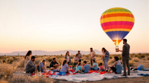 Families and children assembling colorful small hot air balloons on a desert morning, with gentle sunlight and a soft, out-of-focus New Mexico landscape in the background.