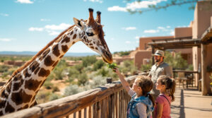 A young giraffe leans over a wooden fence to eat leafy greens offered by two children in a zoo setting. The children are excited and smiling, while an adult stands beside them watching the interaction. The background features adobe-style buildings and a natural landscape with a bright blue sky.