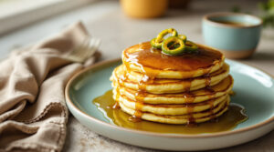 Stack of golden pancakes drizzled with green chile syrup, topped with roasted chile slices, served on a turquoise-rimmed plate with extra syrup and silverware on a napkin, softly lit in a neutral kitchen setting.