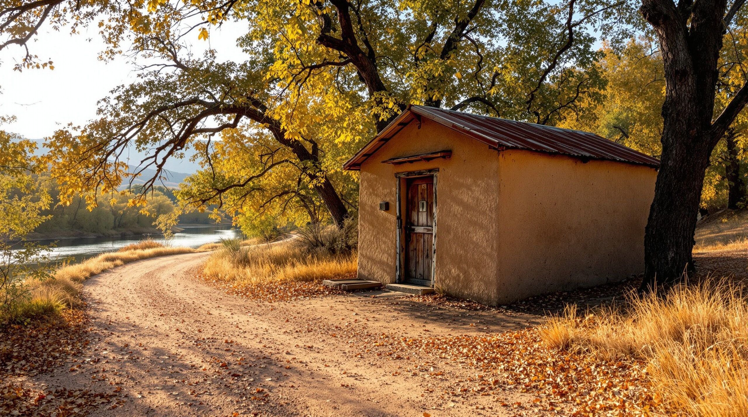 A small, rustic building with a wooden door is situated beside a winding dirt path. The scene is bathed in warm, golden sunlight typical of autumn. Tall trees with yellow and orange leaves arch over the path, with some fallen leaves scattered on the ground. The path curves gently alongside a serene river, visible in the background, surrounded by more trees displaying vibrant autumn colors. The overall atmosphere is peaceful and picturesque, evoking a sense of tranquility in nature.