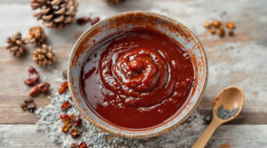 A ceramic bowl filled with a smooth, deep red tomato sauce, with a spiral pattern on the surface. The bowl rests on a wooden table sprinkled with coarse salt and dried red chili peppers. Pine cones and scattered nuts add a rustic touch to the setting. A wooden spoon with small seeds is placed beside the bowl, and the overall composition exudes a warm, cozy, and natural aesthetic.