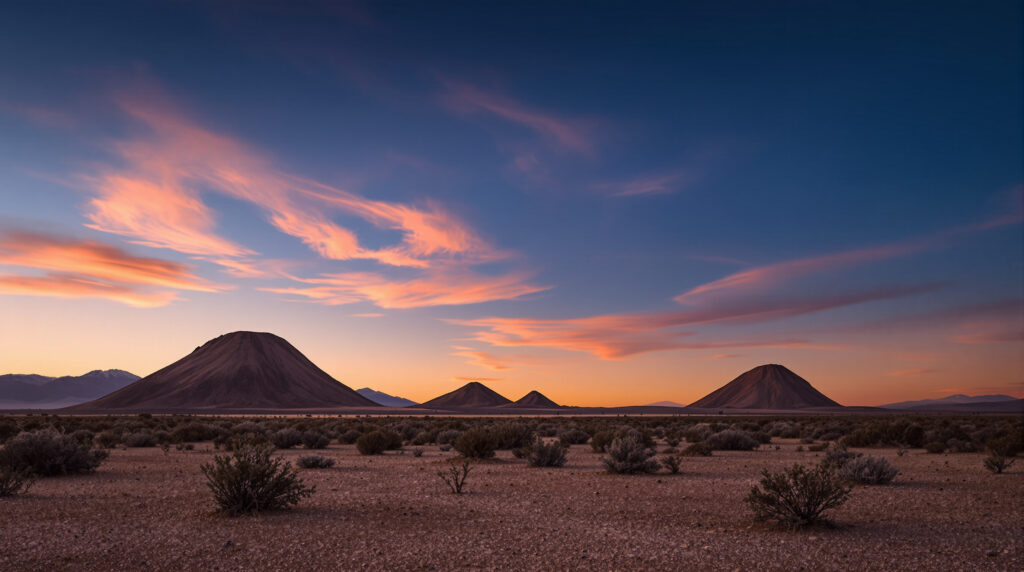 Desert landscape at sunset featuring a series of uniquely shaped hills or small mountains silhouetted against a vibrant sky. The sky displays a gradient of deep blue transitioning into warm orange and pink hues, with wispy clouds adding texture. The foreground consists of sparse desert vegetation, including shrubs and small bushes, spread across a rocky terrain. The overall mood is serene and expansive.