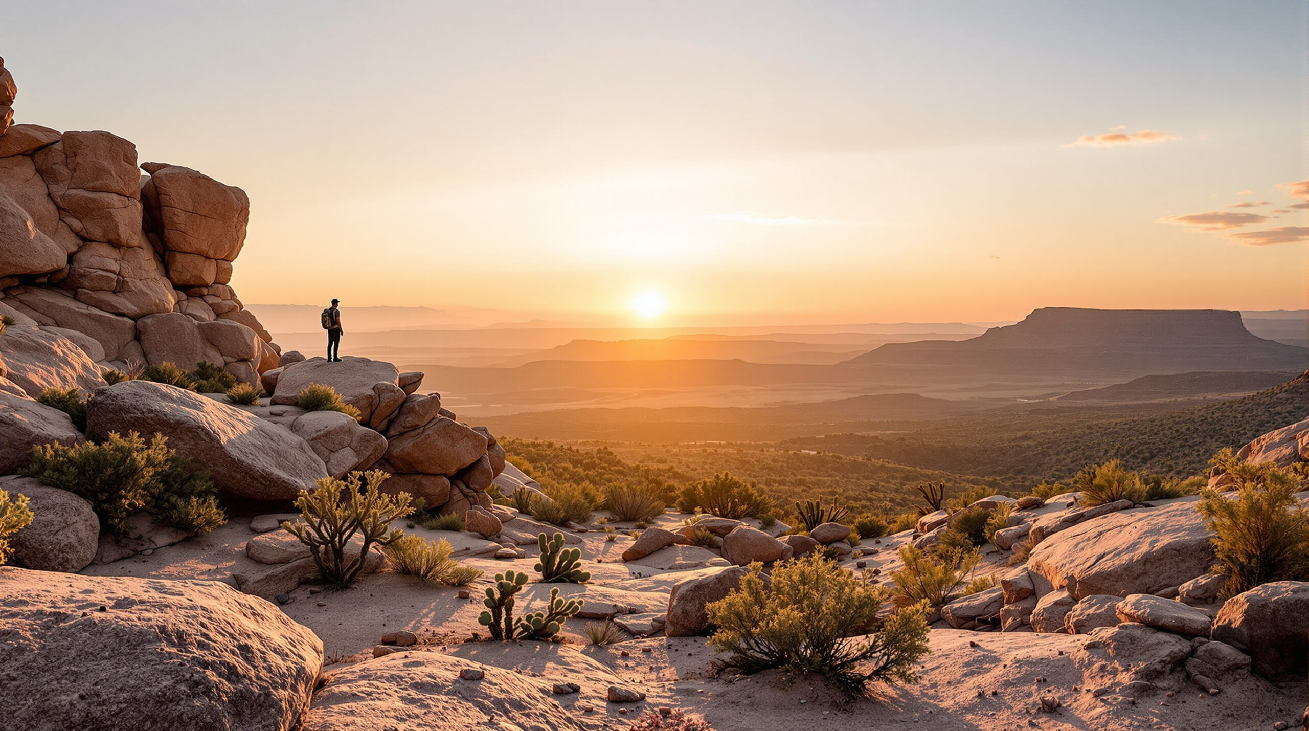 A lone hiker stands on a rocky outcrop at sunrise, surrounded by large boulders and desert vegetation. The expansive landscape features rolling hills and plateaus under a clear sky, with soft, golden light from the rising sun illuminating the scene. The distant mountains and the tranquil, vast valley create a serene and majestic backdrop.